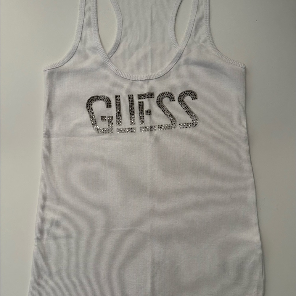 Guess White Fitted Tank Top with Gray Logo